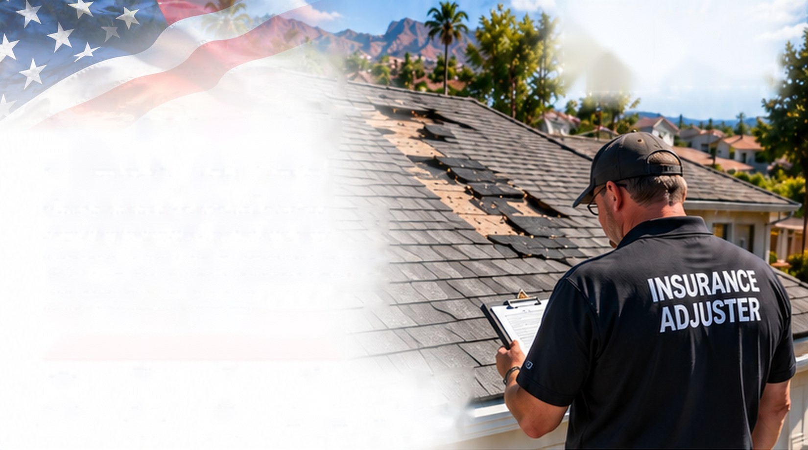 Insurance adjuster inspecting a storm-damaged shingle roof in Porter Ranch &mdash; Free Roof Program Porter Ranch