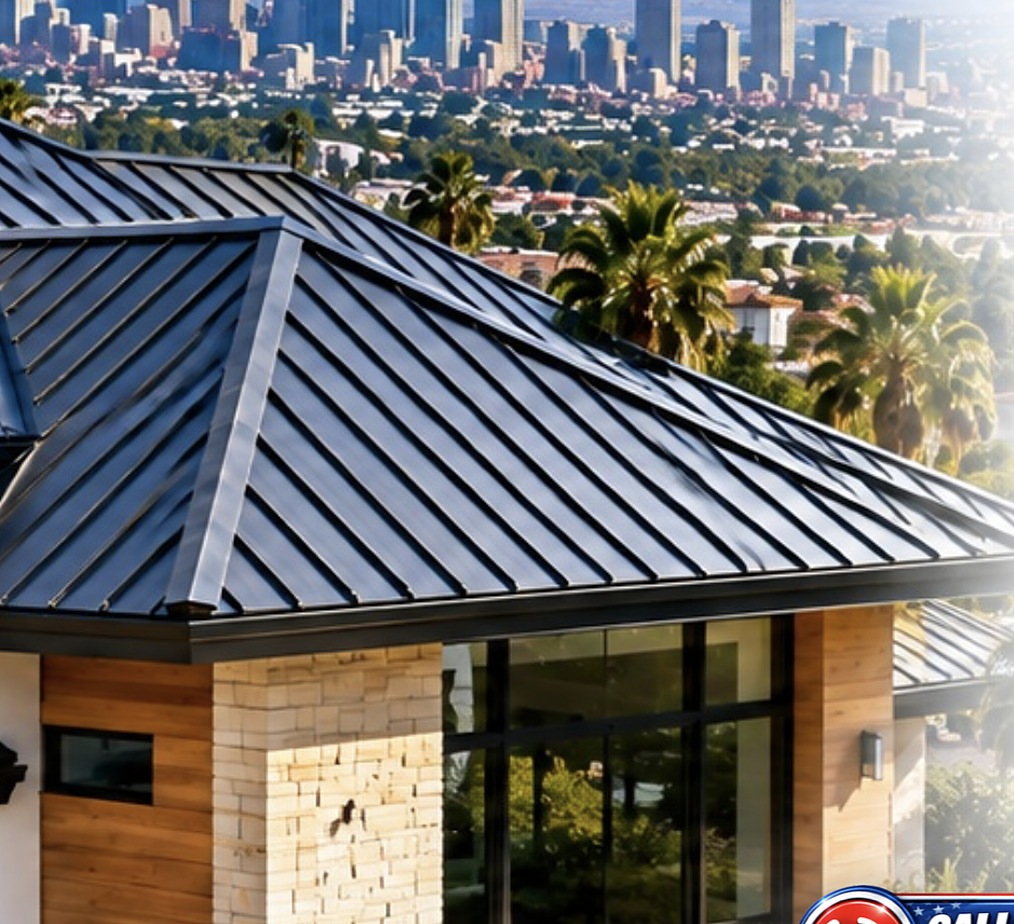 Standing seam metal roof above the Montebello skyline &mdash; Metal Roofing Montebello
