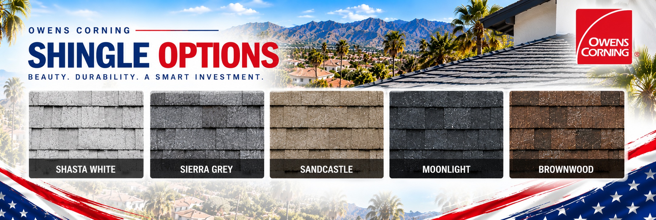 Owens Corning shingle options &mdash; Shasta White, Sierra Grey, Sandcastle, Moonlight and Brownwood &mdash; Shingle Roofing Carson