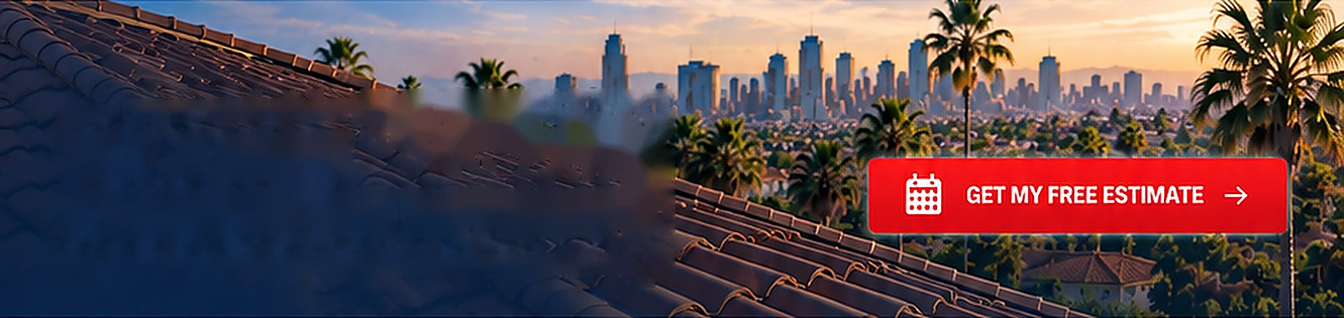 Tile rooftop at sunset looking toward the Los Angeles skyline &mdash; Tile Roofing Los Angeles