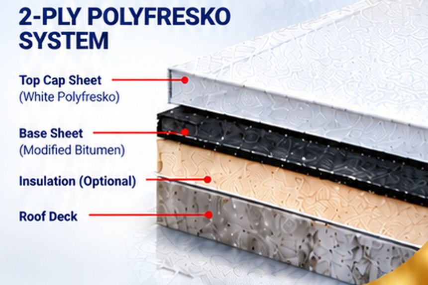 White Polyfresko system: white Polyfresko top cap sheet, modified bitumen base sheet, optional insulation and roof deck &mdash; Hermosa Beach Roofing